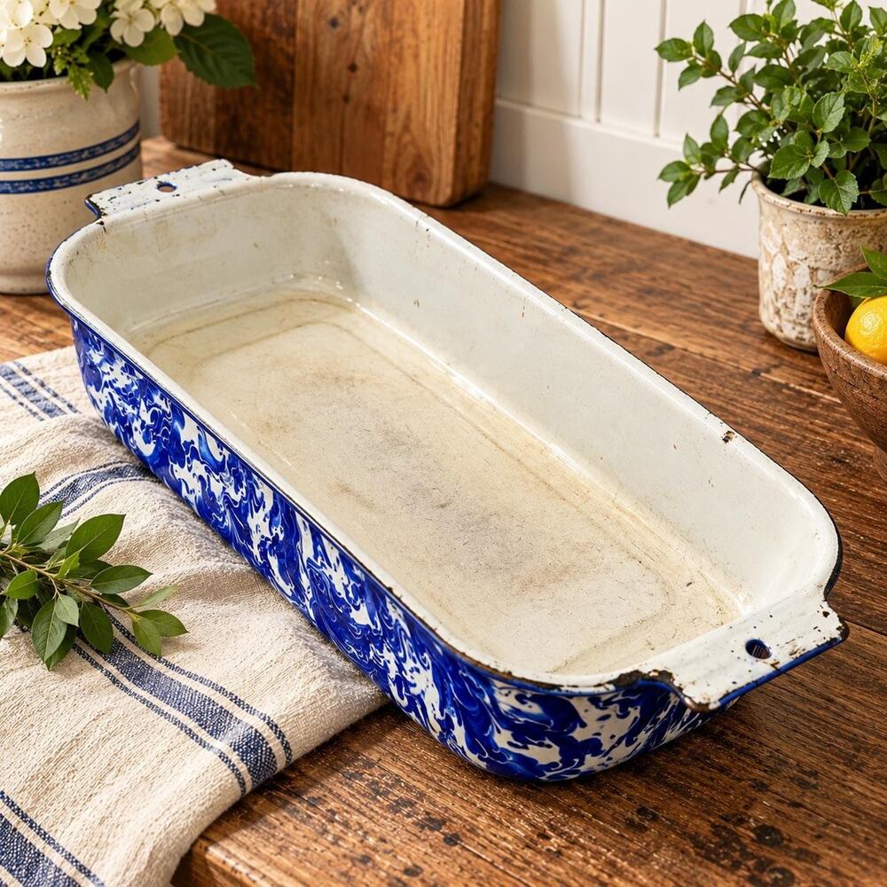 Vintage Blue & White Swirl Enamelware Rectangular Roasting Pan